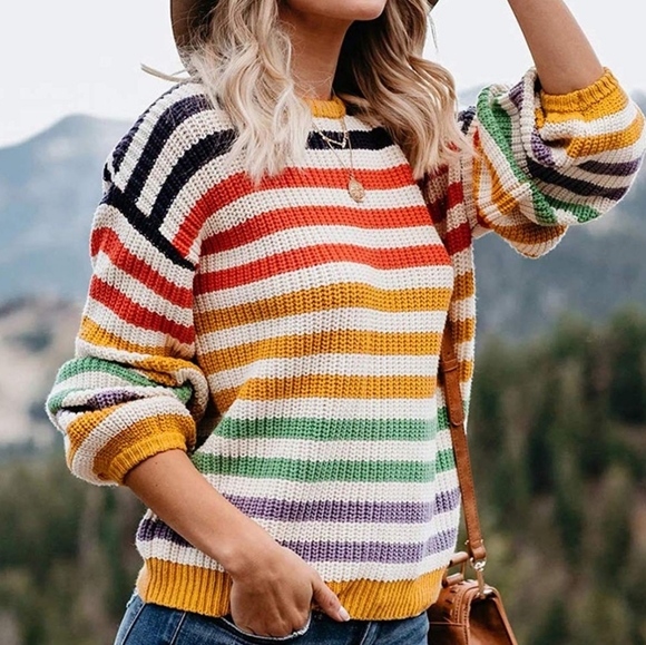 NEW Casual Rainbow Striped Color Block Warm Winter Sweater - Picture 3 of 10